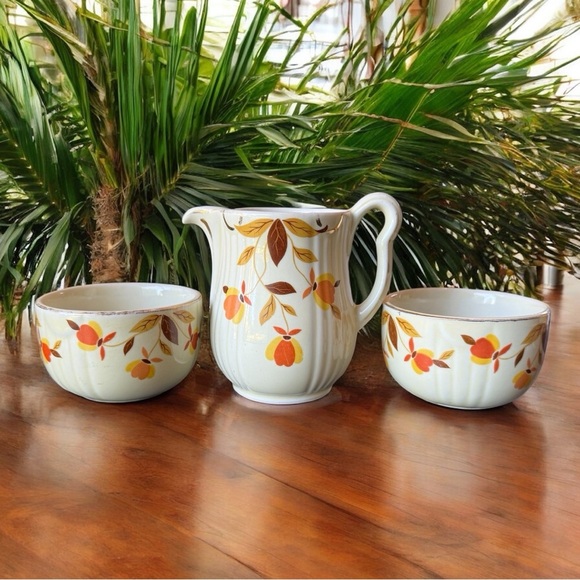 Vintage Hall’s Superior Creamer & Custard Cups Set – Autumn Floral Pattern 3 Pc - Picture 3 of 14
